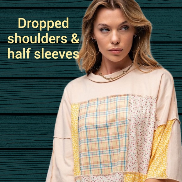 EASEL “Statement Tee” 100% Cotton Mix Print Patchwork Half Sleeves Exposed Seams - Picture 8 of 11